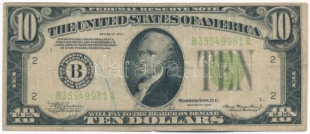 Amerikai Egyesült Államok 1934. 10$ 'B 35949981 A' T:III- kis szakadás, firka USA 1934. 10 Dollars 'B 35949981 A' C:VG small tear, doodle Krause P#430D
