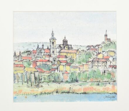 Trojan Marian József (Józef) (1931-2016): Folyóparti város. Akvarell, papír, jelzett. Paszpartuban. Kissé foltos. 23,5x28 cm