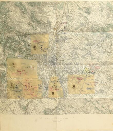cca 1900 Budapest és környéke térkép rajta hadgyakorlat hadmozdulatainak rajzai zsírpapíron, K.u.k. Militärgeograpisches Institut, 58x50 cm