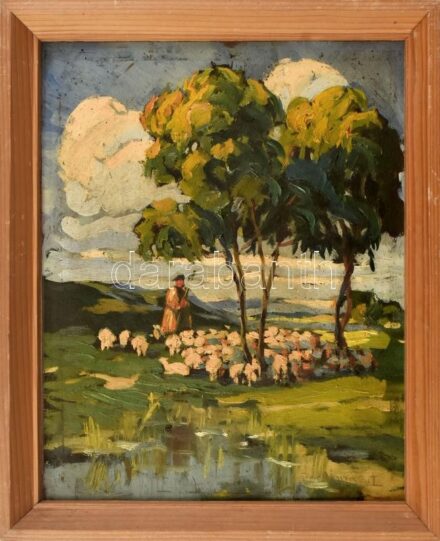 Fechtmann József (1888-?), működött Aradon, Cegléden és Újpesten: Napfényes táj nyájjal. Olaj, karton, fakeretben, 26x20 cm