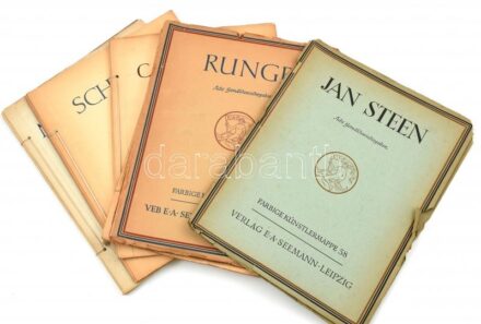 6 db német nyelvű művészeti mappa: Jan Steen; Runge; Corinth; Canaletto; Schwind; Memling. Farbige Künstlermappe 58., 113.; Farbige Gemäldewiedergaben-Mappe 120., 127., 128., 129. Leipzig, (1952-1957), E.A. Seemann. Színes reprodukciókkal