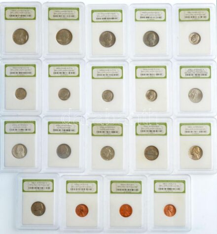 Amerikai Egyesült Államok 19xklf érméből álló szett, mindegyik darab 'International Numismatic Bureau' műanyag tokban, a teljes szett eredeti 'Professional Coin Grading Service' műanyag dobozban. Benne: 1967-1973. 1c Br 'Lincoln' (3xklf) +