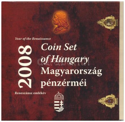 2008. 1Ft-100Ft (7xklf) + Mátyás denár Ag fantáziaverete (10g/0.999/27mm) 'Reneszánsz emlékév' forgalmi sor szettben, a belső tok ragasztása kissé elengedett T:PP kis patina Adamo FO42.4