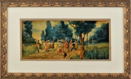 E. Horváth J. jelzéssel, feltehetően XX. eleje: Hazafelé. Gouache, papír. Sérült. Szecessziós, kissé sérült üvegezett fakeretben, 14,5×31 cm