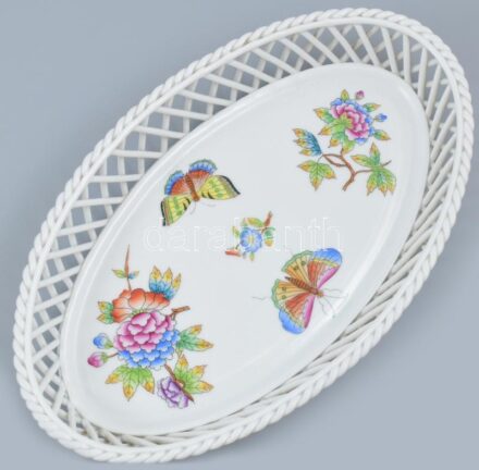 Herendi Viktória mintás fonott kínáló. Kézzel festett, jelzett, hibátlan 26,5x16 cm