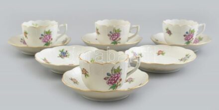 Herendi Eton mintás porcelán mokkás csésze, 4db és alj, 6 db, kézzel festett, jelzett, hibátlan, csésze: 6,5x4,5 cm, alj: d: 11,5 cm