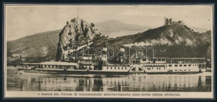 cca 1930-1940 A Magyar Kir. Folyam- és Tengerhajózási Rt. Szent István gőzöse Dévénynél, kartonra kasírozott kivágás, nyomat, 20x9 cm