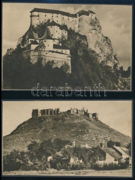 cca 1930-1940 Történelmi magyar várak (Sümeg, Árva, Diósgyőr, Oroszlánkő), 4 db kartonra kasírozott kivágás, nyomat, 20x12 cm körül