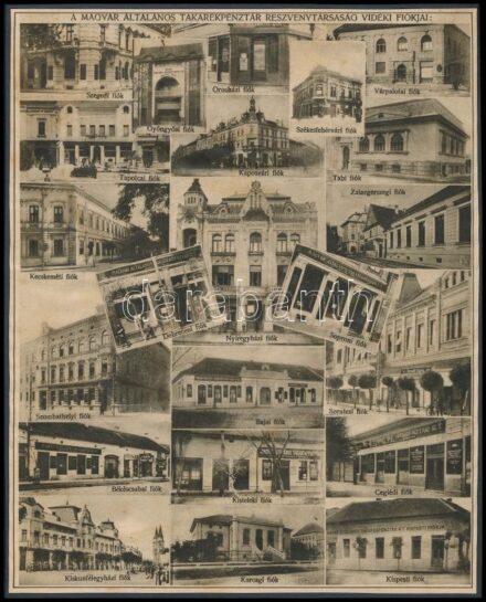 cca 1930-1940 A Magyar Általános Takarékpénztár Rt. vidéki fiókjai (Szeged, Gyöngyös, Kecskemét, Kispest, stb.), kartonra kasírozott kivágás, nyomat, 25,5x20,5 cm