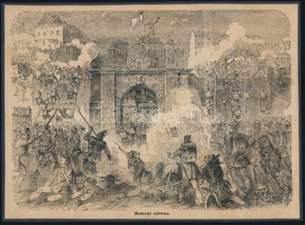 cca 1870-1890 Budavár ostroma; Magyar tüzérek. 2 db fametszet. Jelzés nélkül, körbevágva, modern kartonra kasírozva, 23x17 cm és 22x14 cm
