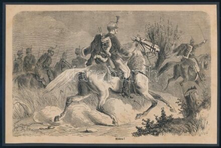 cca 1870-1890 H. Fritzmann: Előre! (1848-as huszárok). Fametszet. Körbevágva, modern kartonra kasírozva, 23x15 cm
