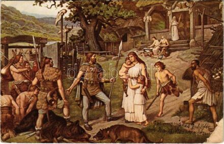 Germanisches Gehöfte. Vor der Völkerwanderung. T.S.N. Serie 721. (6 Dess.) / German folklore art postcard s: Joh. Gehrts (EB)