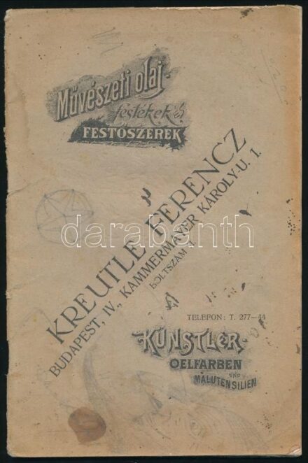 cca 1920 Kreutle Ferencz művészeti festék, festék-különlegességek, műkedvelő- és iparművészeti árjegyzéke. Bp., én., Engel S. Zs.-ny., 40 p. Szövegközti illusztrációkkal. Papírkötésben, ceruzás bejelölésekkel, jegyzetekkel,
