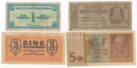 Német 3. Birodalom / Deutsche Wehrmacht 1942. 1M + Német Harmadik Birodalom 1942. 5M + Ukrajna / német megszállás 1942. 5K + Ausztria / Szövetséges megszállás 1944. 1Sch T:III,III- German Third Reich / Deutsche Wehrmacht 1942. 1 Mark +