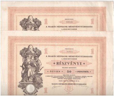 Makó 1929. 'Makói Népbank Részvénytársaság' részvénye 50P-ről (2x), sorszámkövetők '000178 - 000179', szelvényekkel T:I-,II