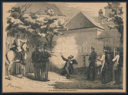 cca 1870-1890 Gróf Batthyány Lajos kivégeztetése. Fametszet. Banics jelzéssel, körbevágva, modern kartonra kasírozva, kissé foltos, 24x17,5 cm