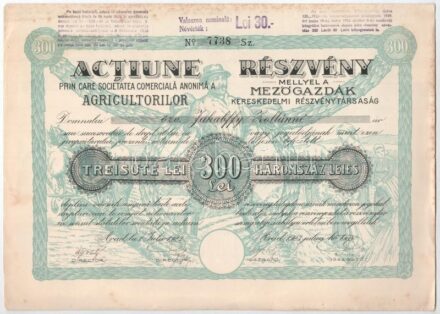 Románia / Arad 1923. 'Mezőgazdák Kereskedelmi Részvénytársaság' részvénye 300L-ről szelvényekkel T:II hajtatlan, kisebb gyűrődések, fo. Romania / Arad 1923. 'Commercial Agriculture Company' share about 300 Lei with coupons C:XF