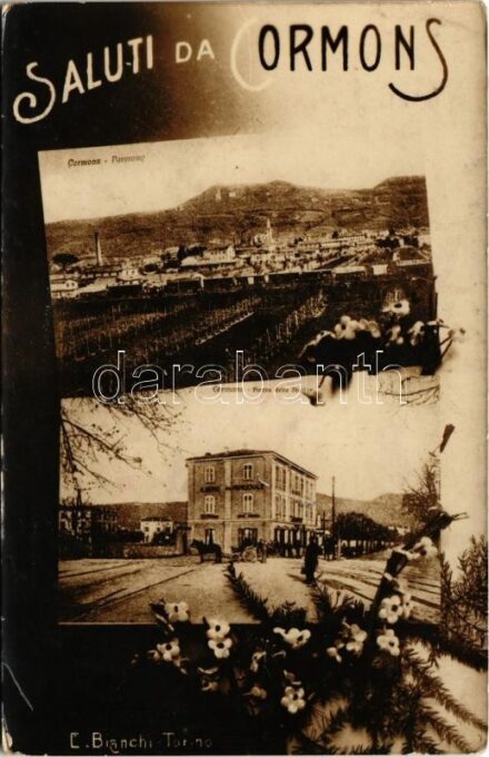 1918 Cormons, Panorama, Piazza della Stazione / general view, square, hotel, railway station. E. Bianchi. Floral + 'K.u.K. 7. Eisenbahnkompagnie' (EK)