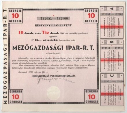 1946. 'Mezőgazdasági Ipar R.T.' részvényelismervénye 15P névértékű részvényről szelvényekkel, szárazpecséttel T:II,II-
