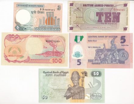 5db klf külföldi bankjegy klf országokból (Nigéria, Egyiptom, Indonézia, Nagy-Britannia), közte Nagy-Britannia / Katonai kiadás 1972. 10P '6. sorozat + Banglades 2010. 2T T:I,I- 5pcs of diff banknotes from diff countries (Nigeria, Egypt,