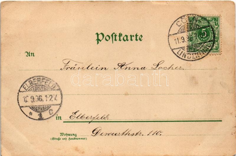 1896 (Vorläufer!!!) Köln, Cologne; Denkmal König Friedrich Wilhelm III, Saal im Gürzenich, Hauptpost, Apostelnkirche, Flora / monument, restaurant interior, post office, church, park. Max Victor Art Nouveau, floral, litho (small tear) - Image 2