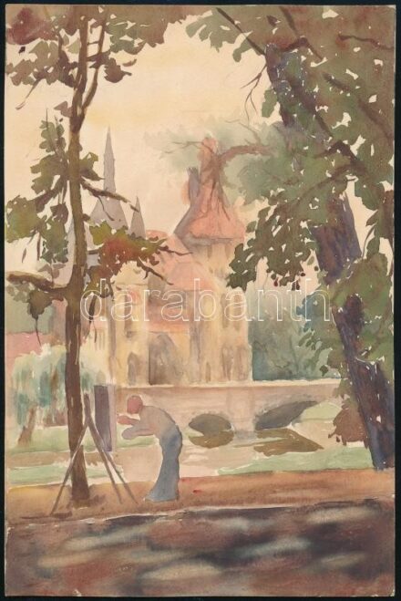 Sostarics Lajos (1896-1968): Vajdahunyad vára, Városliget. Akvarell, papír, jelzés nélkül, 28×18 cm