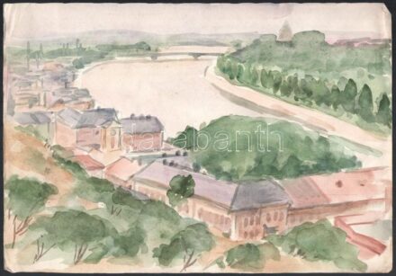 Sostarics Lajos (1896-1968): Budapesti látkép. Akvarell, papír, jelzés nélkül, lapszéli gyűrődésekkel, 21,5×30 cm