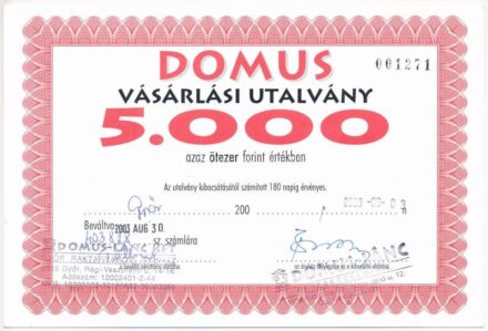 Győr 2003. 'Domus vásárlási utalvány 5000Ft értékben' bélyegzésekkel T:I-