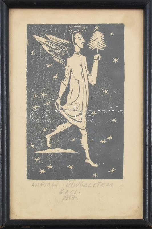 Gacs Gábor (1930-2019): Angyali üdvözletem. Linómetszet, papír, jelzett. Üvegezett fa keretben, 13x7,5 cm