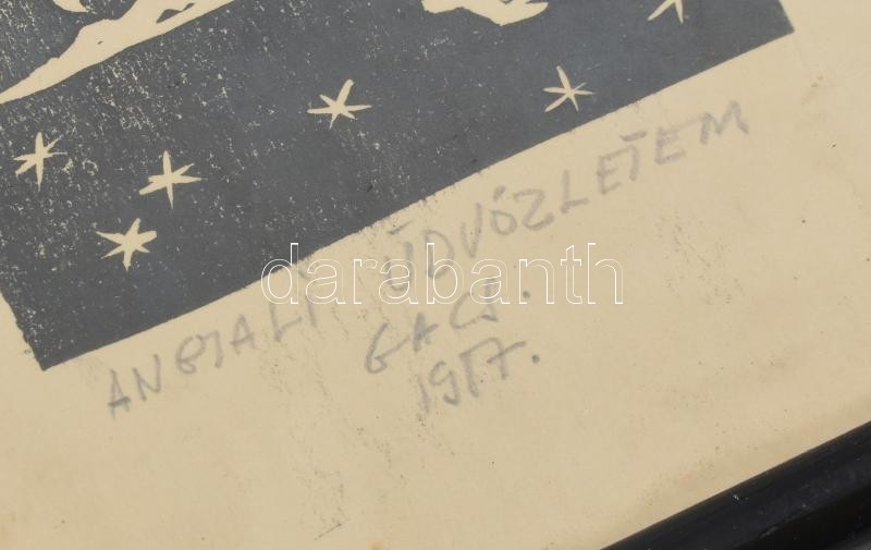 Gacs Gábor (1930-2019): Angyali üdvözletem. Linómetszet, papír, jelzett. Üvegezett fa keretben, 13x7,5 cm - Image 2