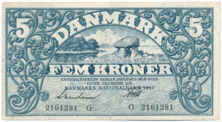 Dánia 1940. 5K 'G' betűjel 'Svendsen & Friis' T:III kis beszakadások Denmark 1940. 5 Kroner prefix 'G' 'Svendsen & Friis' C:F small tears Krause P#30