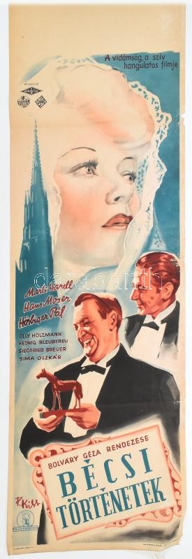 Bécsi történetek, 1940. Moziplakát (filmplakát, rácsplakát). Rendező: Bolváry Géza. Marte Harell, Hans Moser, Hörbiger Pál és mások szereplésével. Pallas fotooffset, papír. P. Kiss jelzéssel a plakáton Sérült, hiányos,