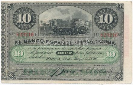 Kuba 1896. 10P vörös 'PLATA' felülbélyegzéssel a hátoldalán T:III Cuba 1896. 10 Pesos with red 'PLATA' overprint on the back C:F Krause P#49d