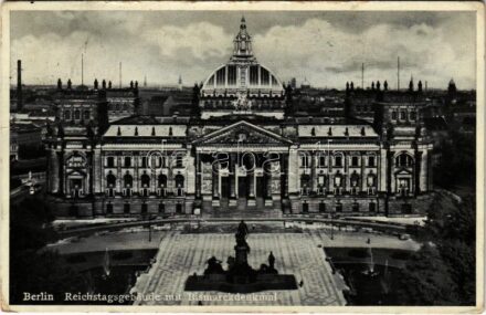1936 Berlin, Reichstagsgebäude mit Bismarckdenkmal / Parliament building + 'BERLIN OLYMPIA-STADION XI. Olympiade 1936' So. Stpl. (EK)