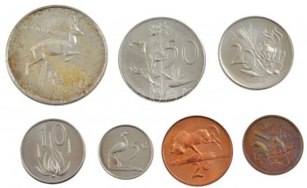 Dél-Afrika 1965. 1c-1R (7xklf) forgalmi sor dísztokban T:1,1- az egyiken erős patina South Africa 1965. 1 Cent - 1 Rand (7xdiff) coin set in original case C:UNC,AU strong patina on one of them