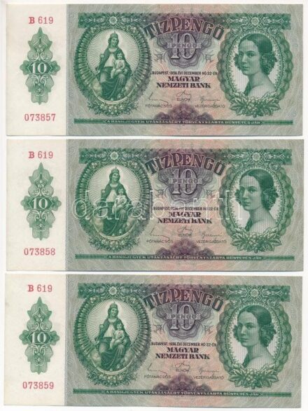 1936. 10P (3x) sorszámkövetők 'B 619 073857 - B 619 073859' T:I,I- Hungary 1936. 10 Pengő (3x) consecutive serials 'B 619 073857 - B 619 073859' C:UNC Adamo P9