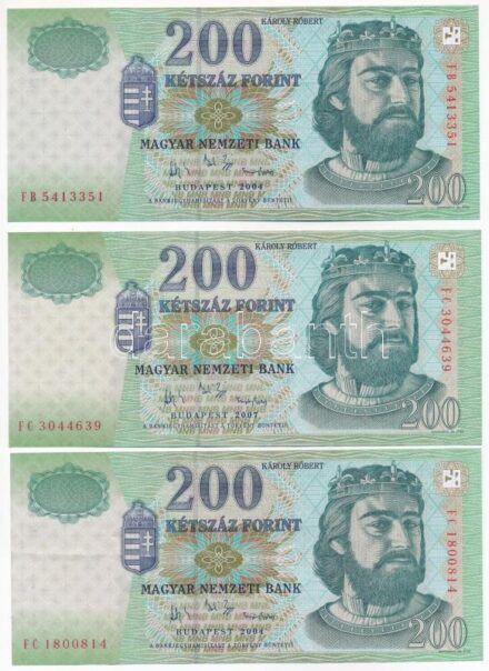 2004. 200Ft (2xklf: 'FB', 'FC') + 2007. 200Ft 'FC' T:II-III szép papír