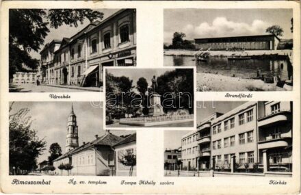Rimaszombat, Rimavská Sobota; Városháza, Strandfürdő, evezősök, Kórház, Evangélikus templom, Tompa Mihály szobra / town hall, beach, rowing boats, hospital, Lutheran church, statue (EK)