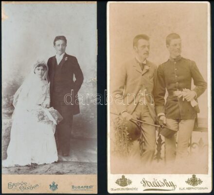 cca 1891 Tánczos Gábor a bécsújhelyi katonai akadémia növendékének és rokonának fotója, Strelisky budapesti műterméből, 21x10 cm és cca 1890 Esküvői portréfotó, keményhátú fotó, Erdős Sándor budapesti műterméből, kopott,