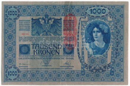 Ausztria 1919. (1902) 1000K '1621 69735' függőleges 'DEUTSCHÖSTERREICH' felülbélyegzéssel, mindkét oldal német T:III ragasztás, beszakadás, de erős papír Austria 1919. (1902) 1000 Kronen '1621 69735' with vertical 'DEUTSCHÖSTERREICH'