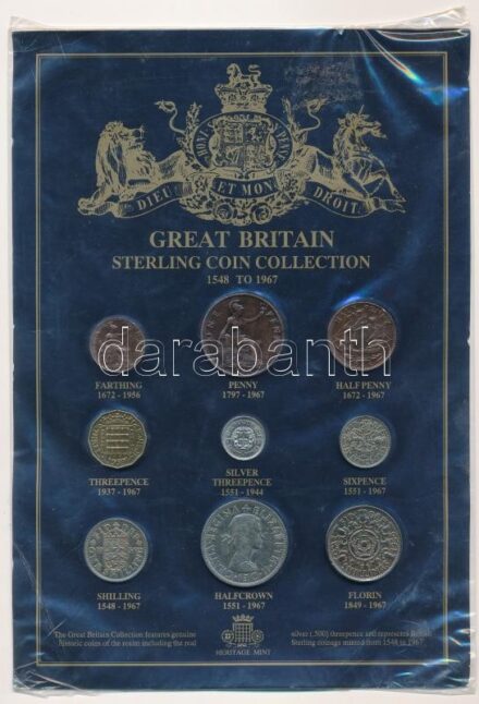 Nagy-Britannia 1924-1966. 1f-1/2C (9xklf, közte 1937. 3p Ag 'VI. György') szuvenír forgalmi összeállítás kartonlapon, 'Great Britain sterling coin collection' csomagolásban T:2-3 United Kingdom 1924-1966. Farthing - 1/2 Crown (9xdiff,
