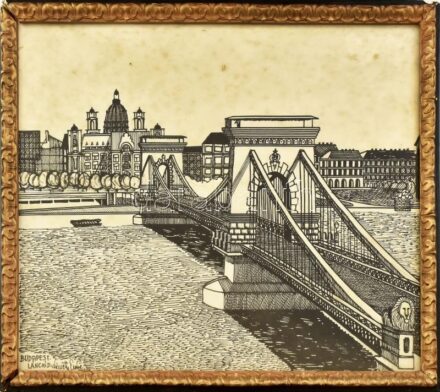 Németh Endre (?-?): Lánchíd, Budapest, 1987. Filctoll, papír, jelzett. Üvegezett, sérült fakeretben, 32×41 cm