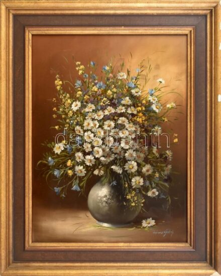 Gábris Ferenc (?-): Csendélet. Olaj, vászon, jelzett. Dekoratív, kissé sérült fa keretben.40×30 cm