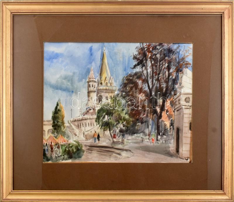 Élesdy István (1912-1987): Ősz a Halászbástyán. Akvarell, papír, jelzett. Kiállítva:Csontváry terem, Bp., 1982, egyéni kiállítás. Hátoldalán Képcsarnok Vállalat címkéjével, üvegezett fakeretben. 33x45 cm