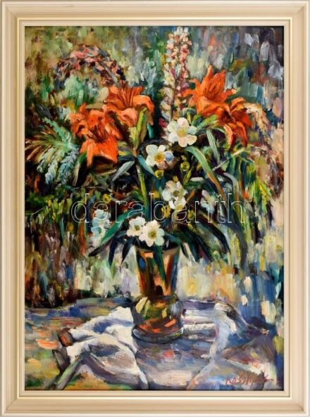 Kesztyűs Ferenc (1932-): Csendélet. Olaj, farost, jelzett, fakeretben, 70×50 cm