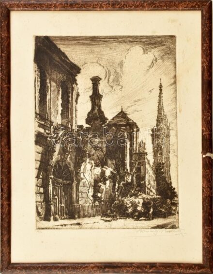 Rimaszéky-Richter Aladár (1898-?): Budapest 1945. Rézkarc , papír, jelzett, számozott: 34/50, lap széle foltos, fa keretben, 31×23 cm