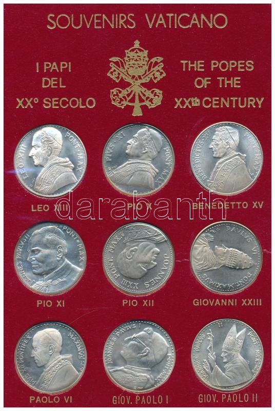 Vatikán 1985. 'A XX. század pápái' 9xklf fém emlékérem eredeti szuvenír díszkiadásban T:1- patina, kis karc Vatican 1985. 'The Popes of the XXth century' 9xdiff metal commemorative medallions in original souvenir case C:AU patina, small