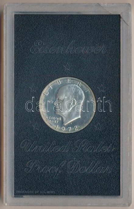 Amerikai Egyesült Államok 1972S 1$ Ag 'Eisenhower' dísztokban, eredeti U.S.Mint tokban T:PP patina, a műanyag tok megrepedt USA 1972S Proof Dollar Ag 'Eisenhower' in original U.S.Mint plastic and paper case C:PP patina, the plastic case is