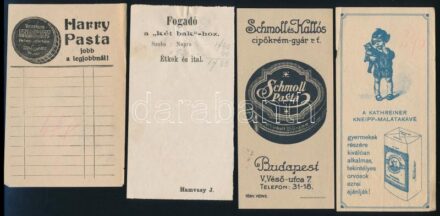 6 db számolócédula (Palma, Kneipp-Malátakávé, Harry Pasta, Fogadó a 'két bakhoz', Eternit, Schmoll Pasta)