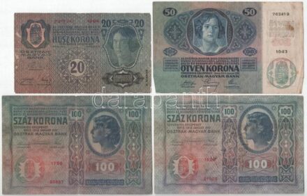 1849. 30kr + 1916. 1K zöld 'DEUTSCHÖSTERREICH' felülbélyegzéssel + 1915. 10K + 1913. 20K 'II. kiadás' + 1914. 50K + 1912. 100K (2x, egyiken fekete 'ROMANIA TIMBRU SPECIAL' felülbélyegzés) T:III,III-